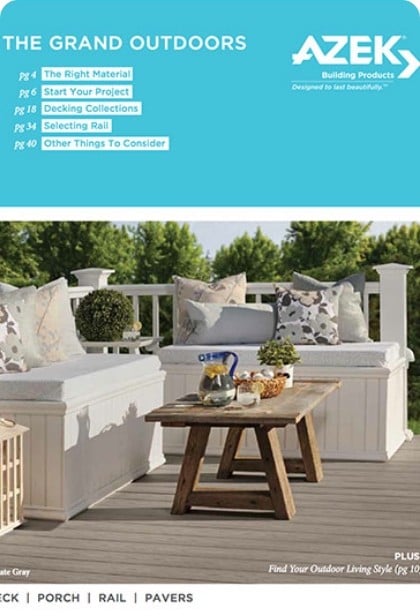 The cover of the AZEK Decking brochure: teal top half reading "the Grand Outdoors", with a tan deck, white railings and built-in benches below.