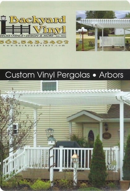 The cover of the Backyard Vinyl Custom Pergolas and Arbors flyer, with large vinyl pergolas over a patio and a deck.