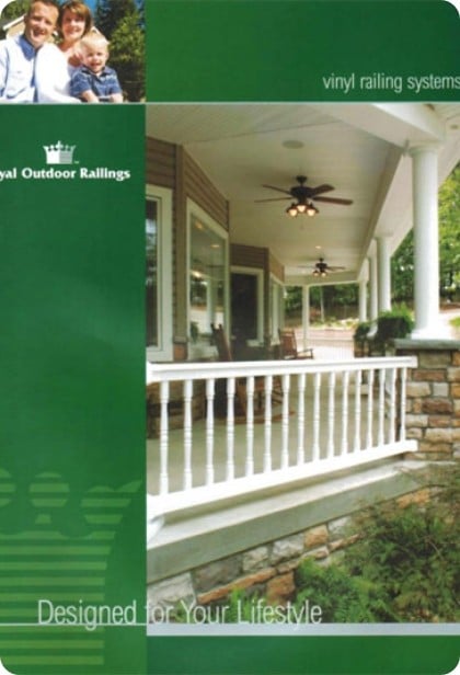 The cover of the Royal Outdoor Railings brochure: dark green with a white vinyl railing on a stone porch.