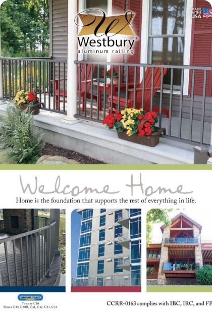 The cover of the Westbury Aluminum Railings brochure with porch and balcony railing photos and "Welcome Home" in script.