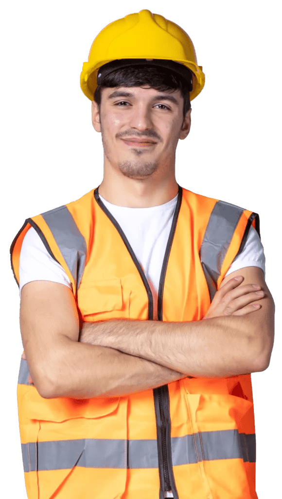 A Backyard Vinyl installer in an orange safety vest, smiling with arms crossed.