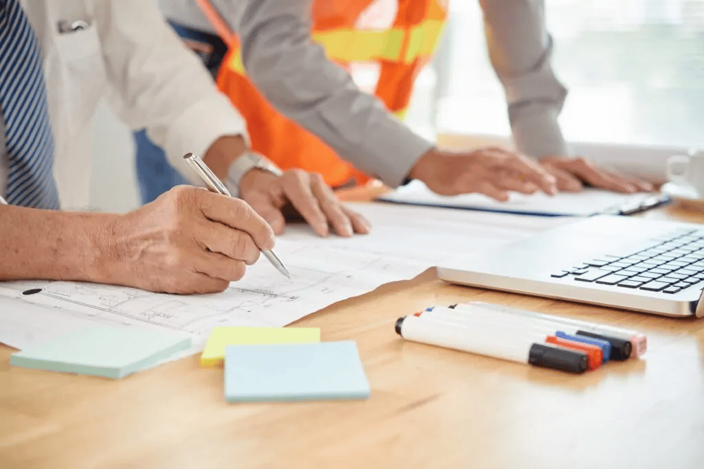 Two consultants review plans on a worktable.