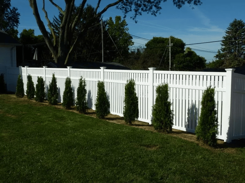 A white fence in a well-kept yard with a row of small pine trees.