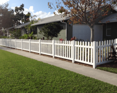 A white picket vinyl fence encloses the yard of a ranch house with a maple tree.