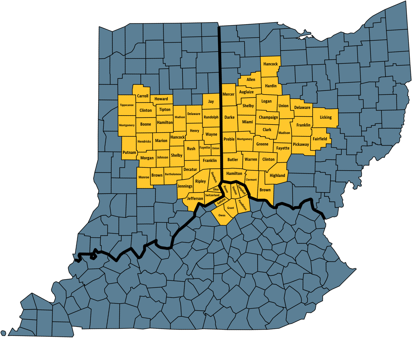 Y1DF service area map — Ohio, Indiana, Kentucky